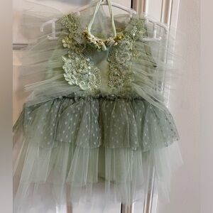 Handmade OOAK Green Embellished Floral Tulle Baby Romper & Headband sitter size